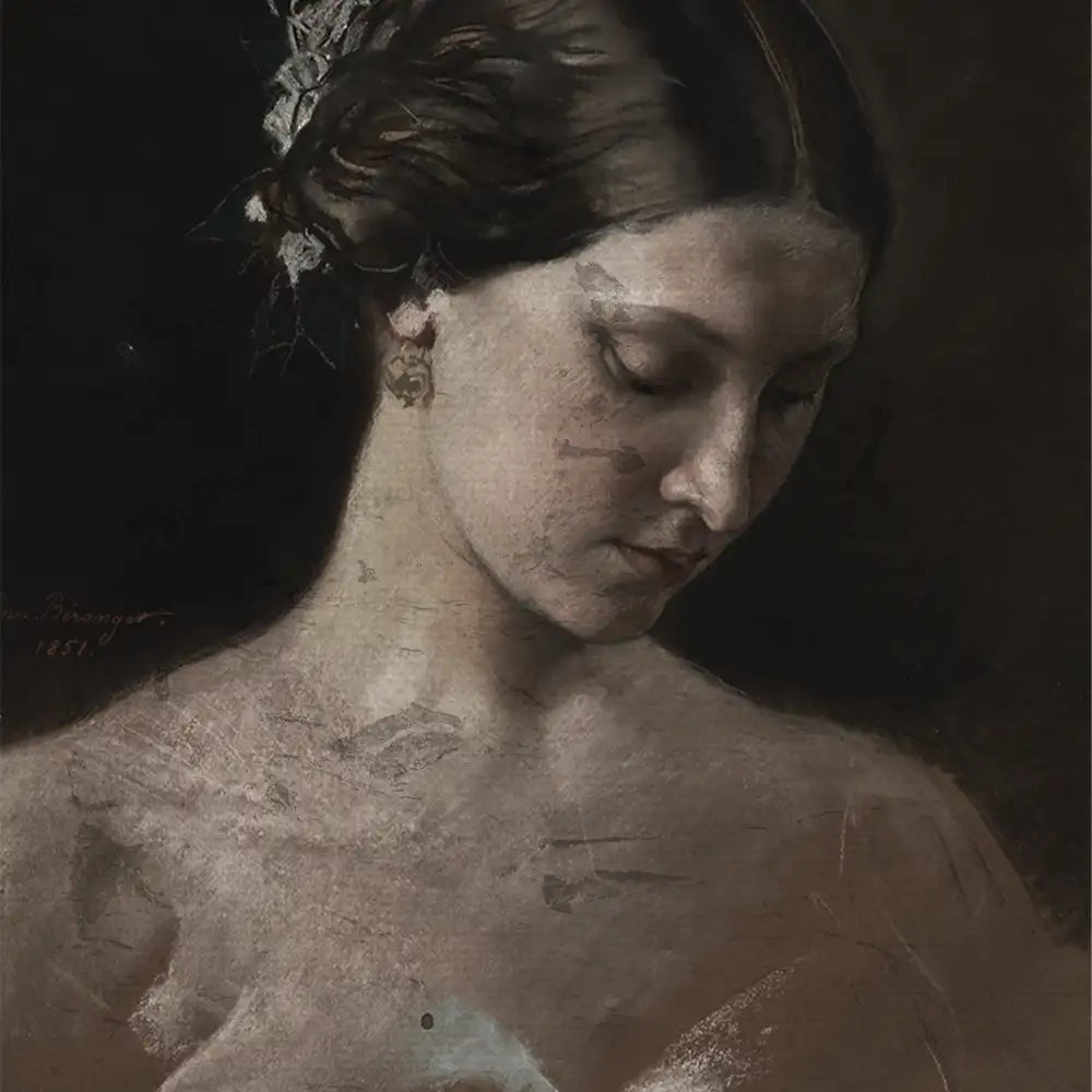 A portrait of a woman with dark hair and a delicate hairstyle, gazing downward in a soft, muted color palette.