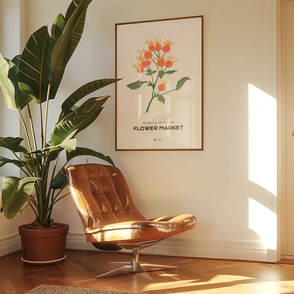 Modern floral poster titled "Flower Market," featuring vibrant orange flowers and green leaves, elegantly framed and displayed in a bright, minimalist living space.
