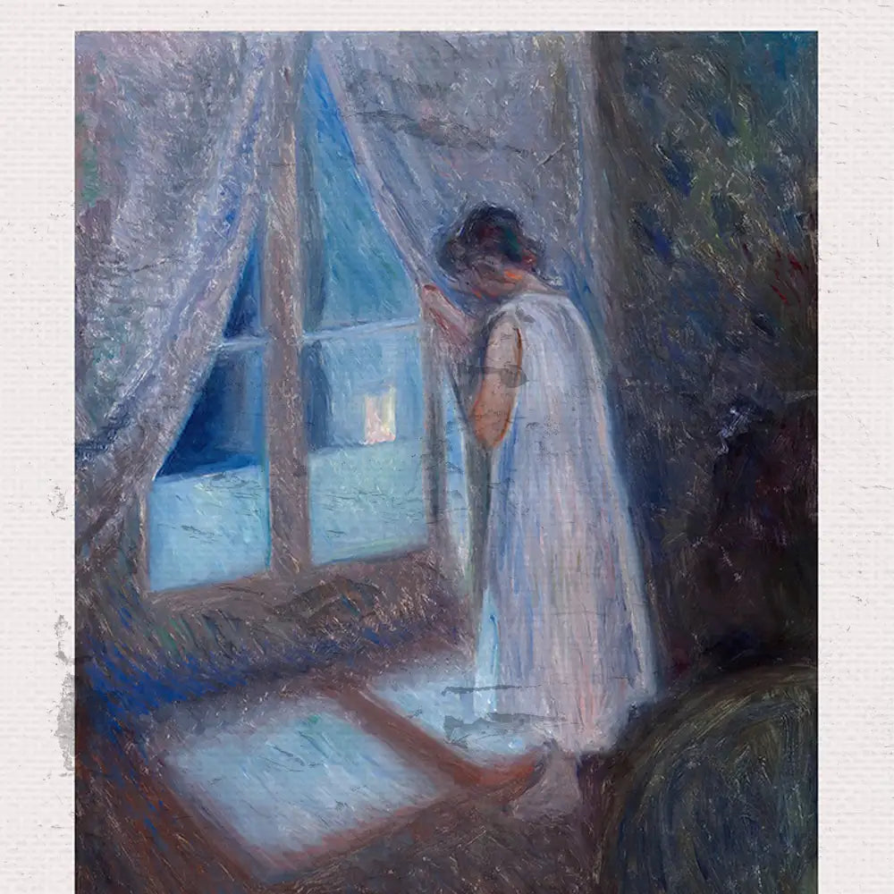 A somber painting of a woman in a white dress gazing out a window with sheer curtains, capturing a moment of reflection and solitude.