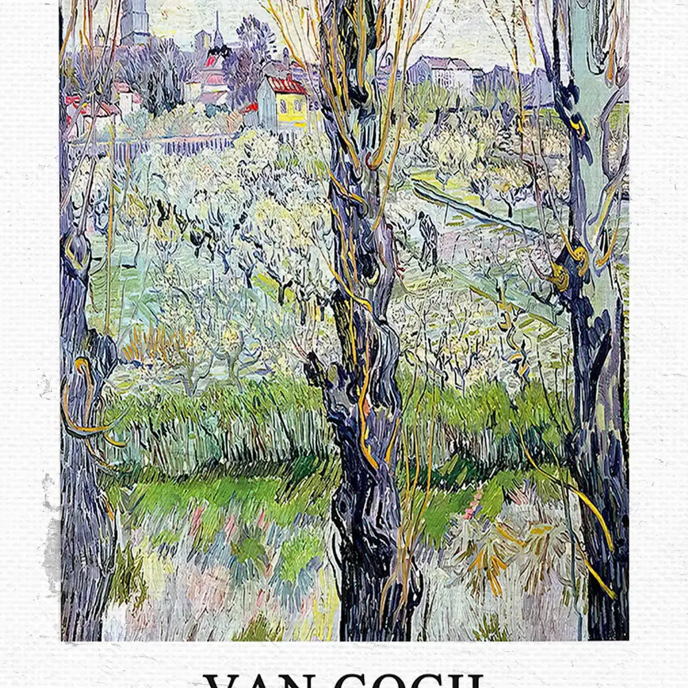 Painting by Van Gogh depicting a landscape with trees, fields, and distant buildings.
