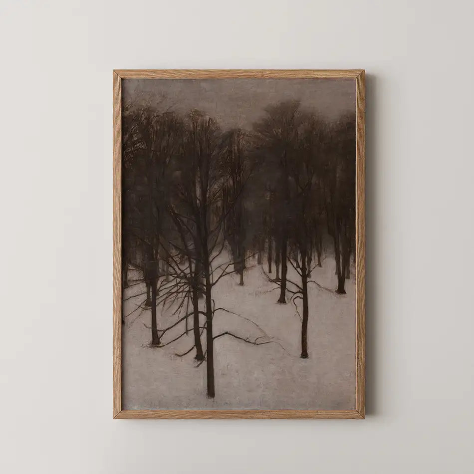 Framed painting of leafless trees in a snowy landscape, showcasing a muted color palette.