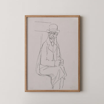 Framed illustration of a seated man in a suit and bowler hat, drawn in black lines on a light background.