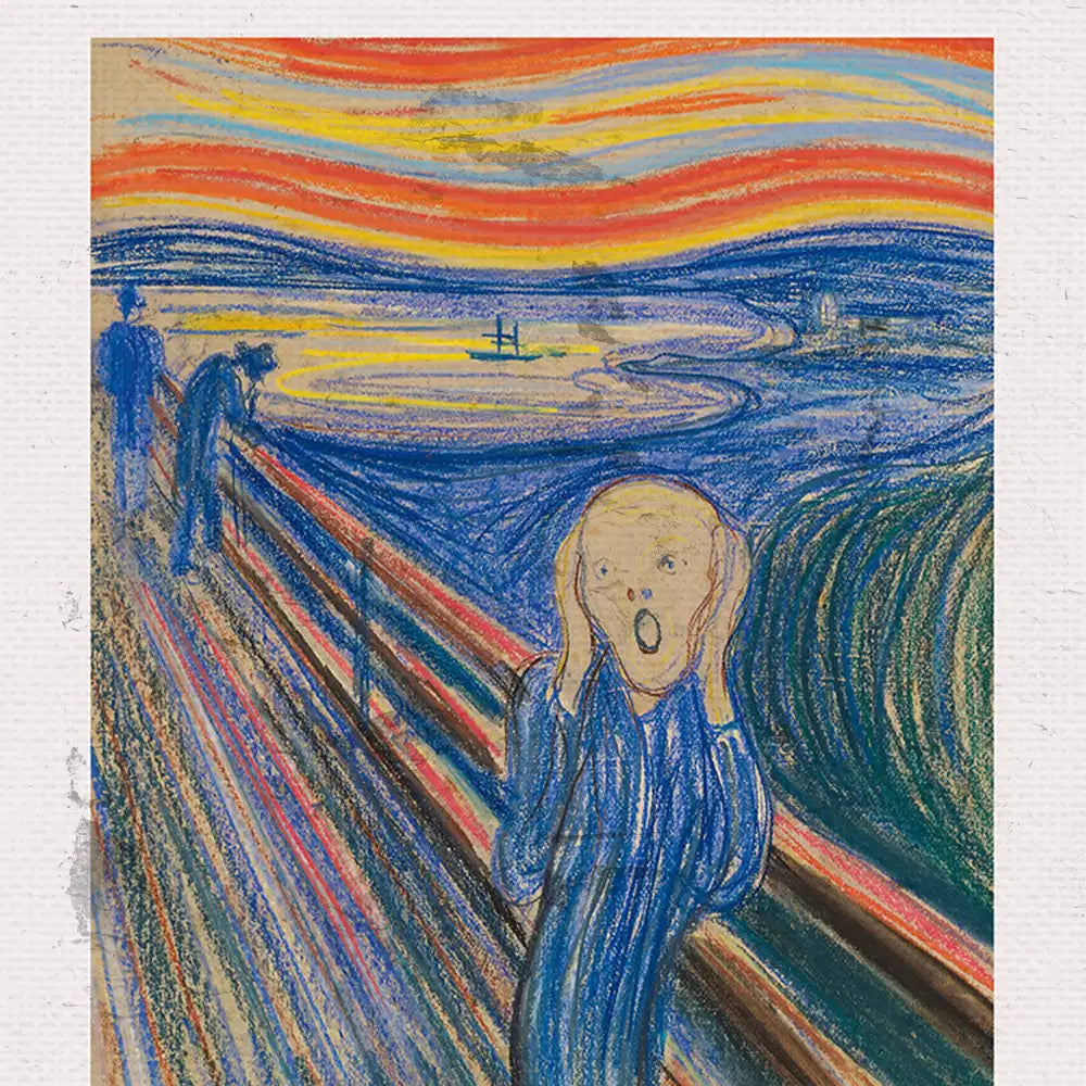 Painting of a figure with a shocked expression, standing on a bridge with a swirling landscape and vibrant sky behind, inspired by Edvard Munch's "The Scream."