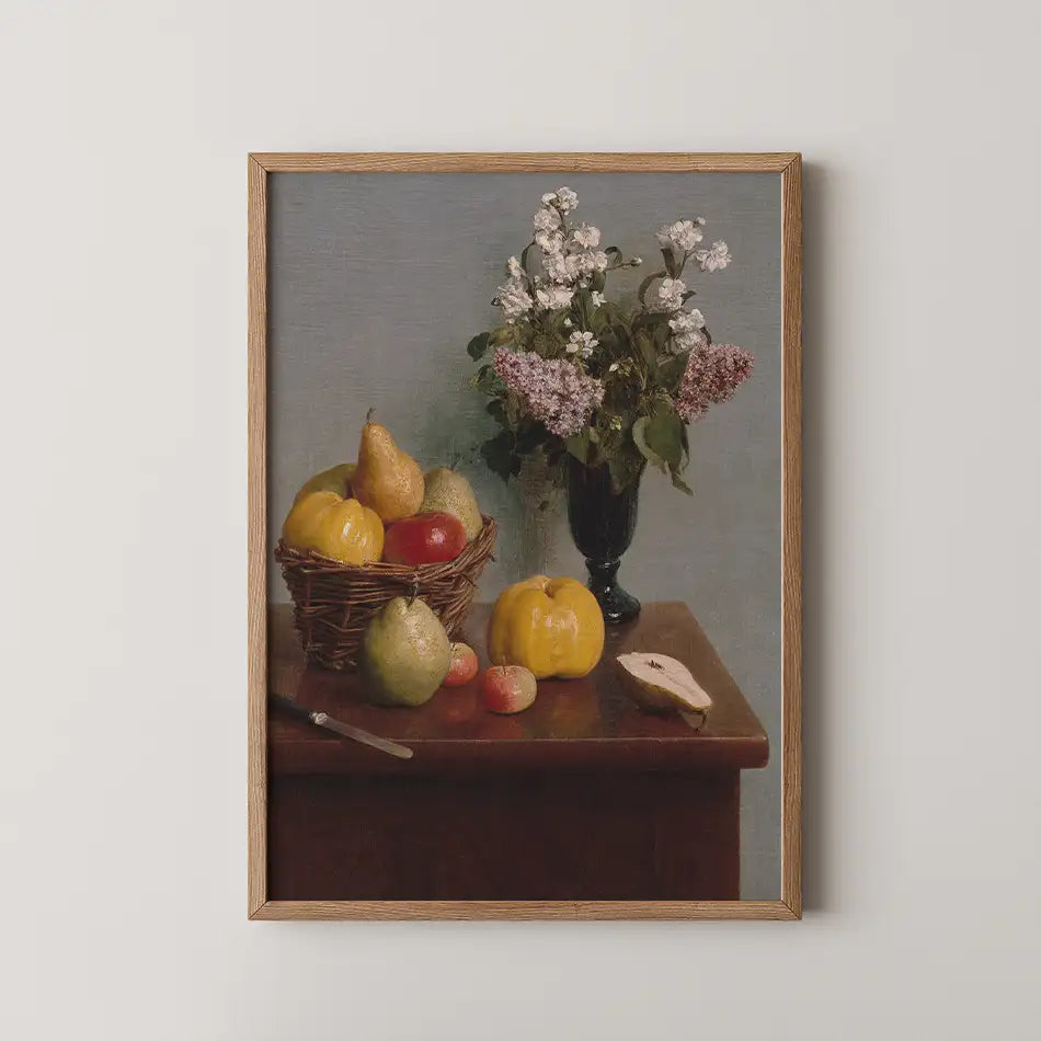 Still life painting featuring a basket of colorful fruits and a bouquet of flowers in a vase, displayed on a wooden table.