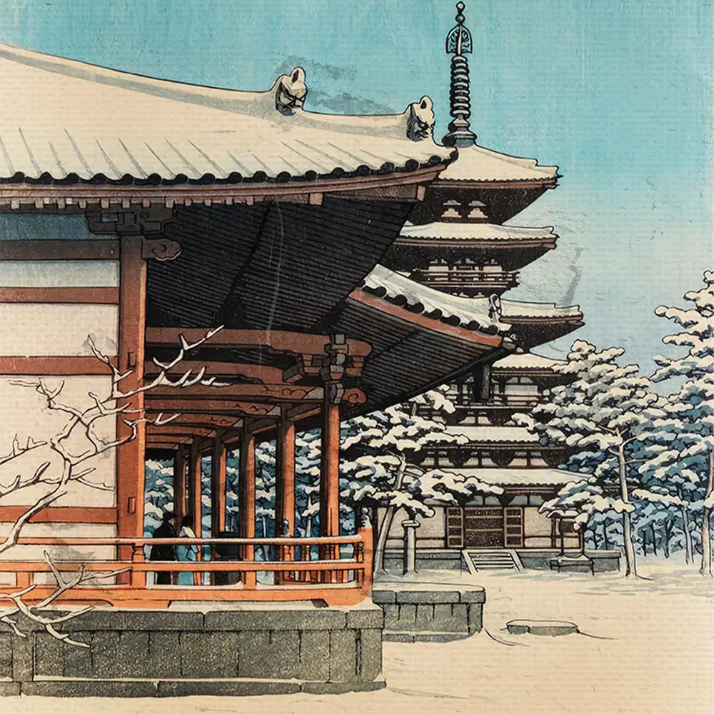 Colorful Japanese winter landscape painting featuring traditional architecture, snow-covered trees, and a pagoda under a clear blue sky.