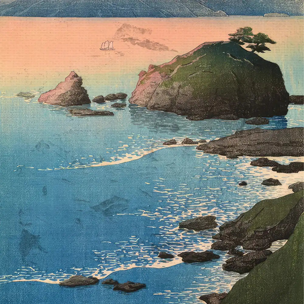 A serene coastal landscape artwork featuring rocky shores, gentle waves, and a distant sailboat under a pastel sky.