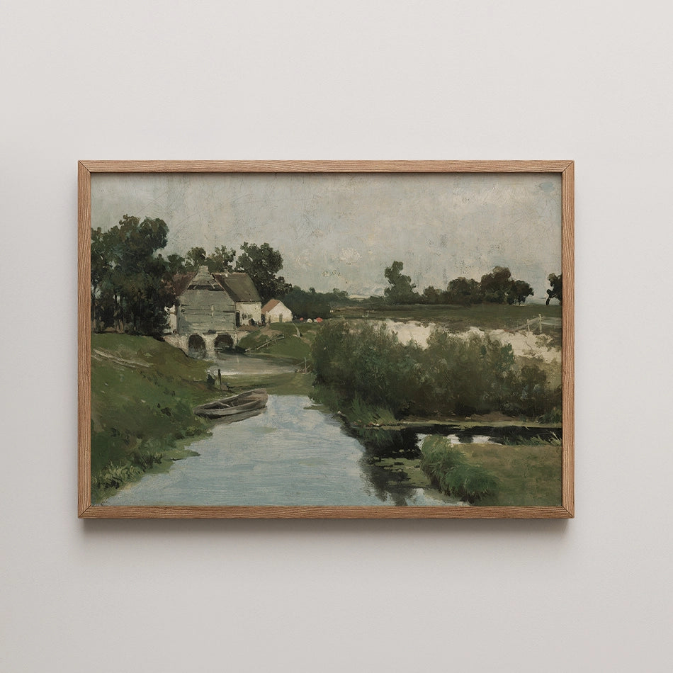 Landscape painting of a serene river scene with a house and boat, framed in natural wood.