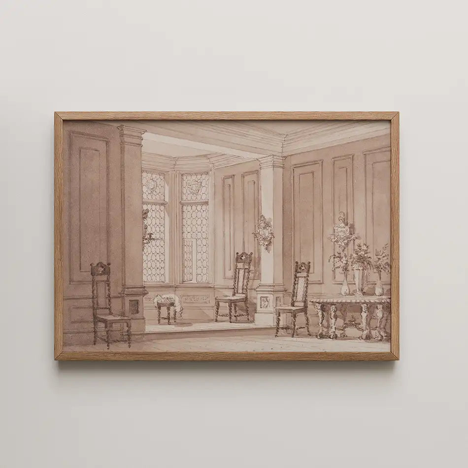 Vintage-style painting of an elegant interior featuring a table, chairs, and floral arrangements in a softly lit room.