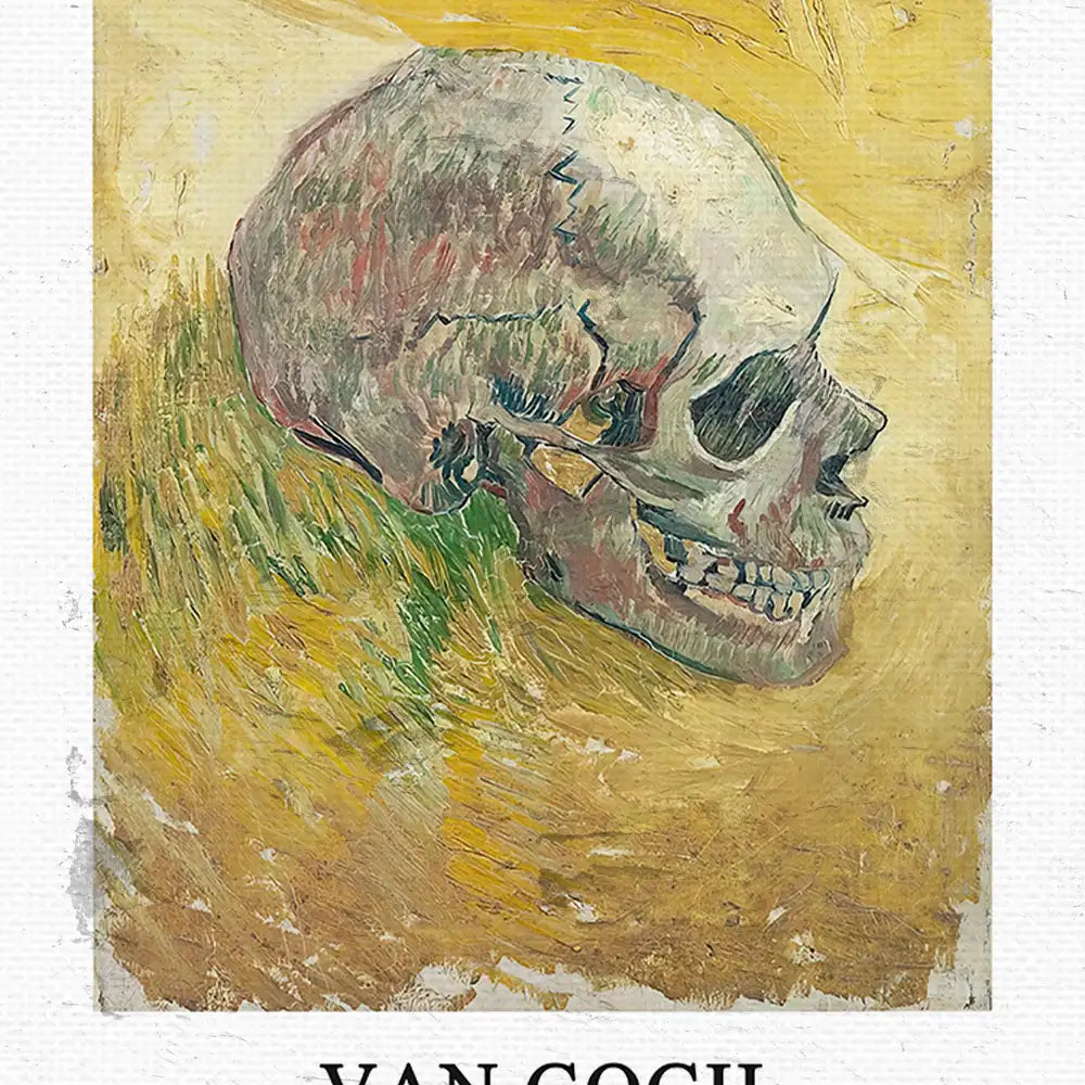 Painting of a skull by Van Gogh with abstract yellow background and textured brush strokes.