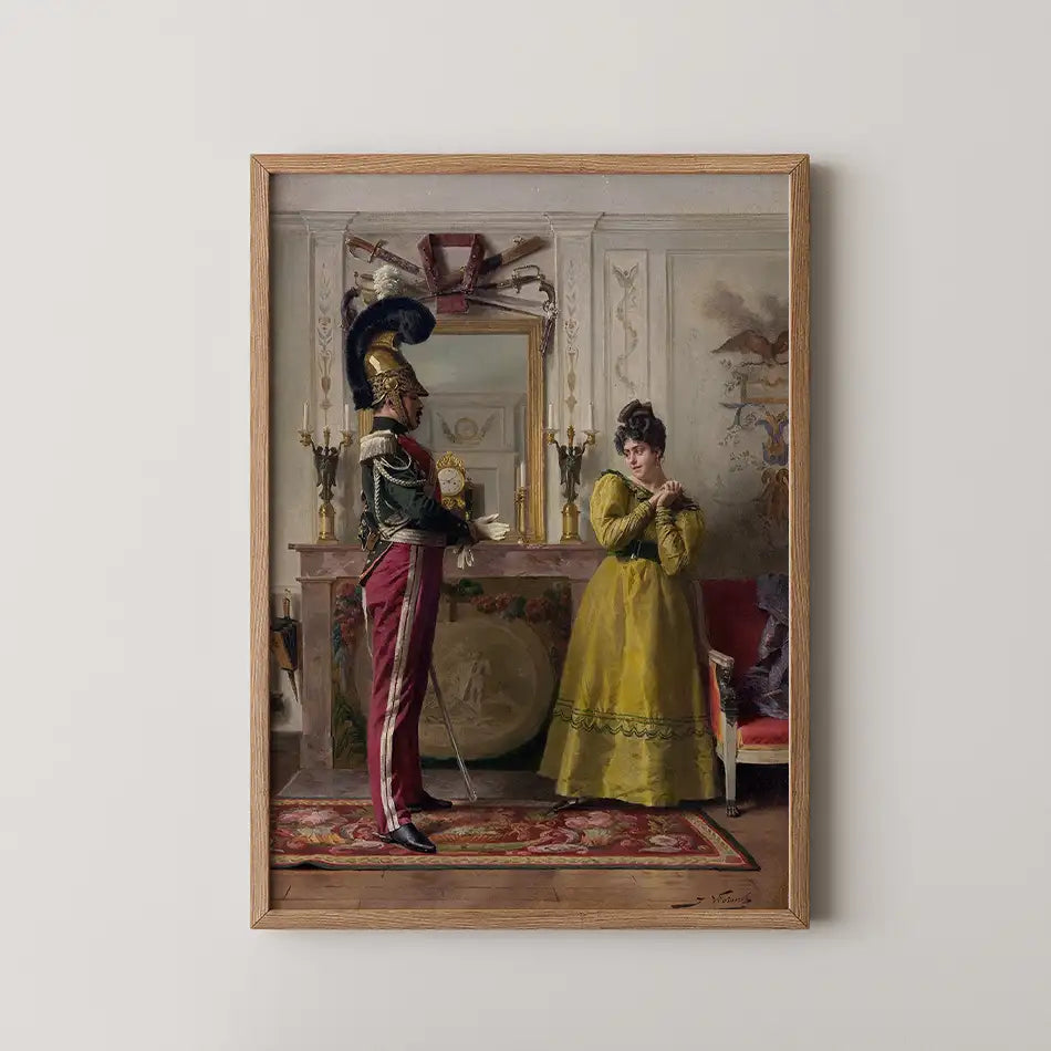 Painting of a soldier in ornate uniform interacting with a woman in a yellow dress, set in an elegant room with a mirror and decorative accents.