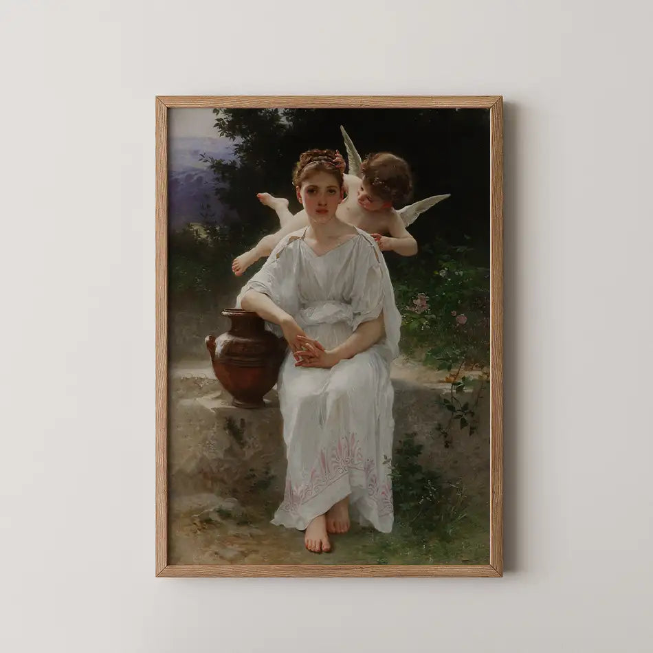 Framed painting of a young woman in a white dress sitting beside a clay pot, accompanied by a cherub with wings, surrounded by greenery and flowers.