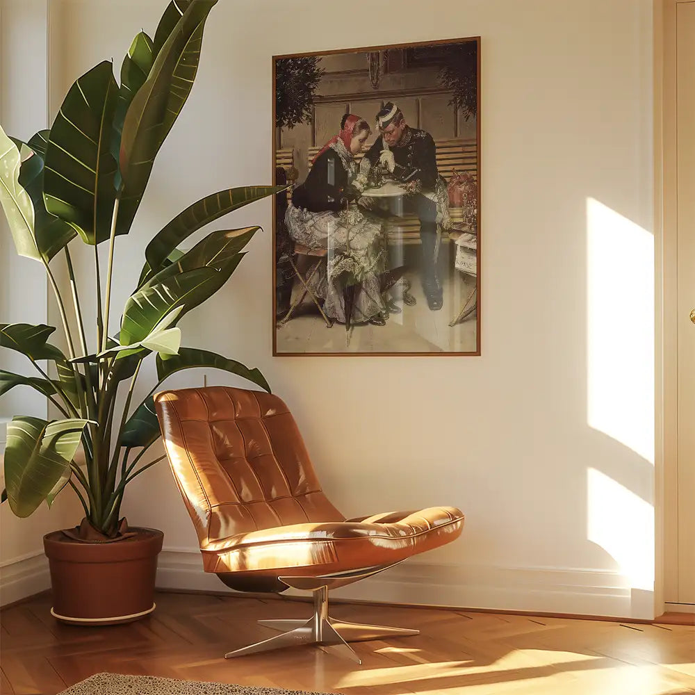 Painting of a couple seated at a table, framed and hung on a wall next to a potted plant and a modern brown leather chair in a sunlit room.