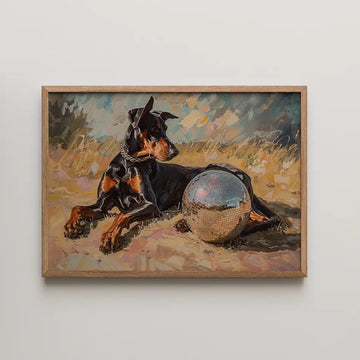 Doberman lounging beside a disco ball in a colorful artistic dog portrait print, perfect for adding charm to any living space.
