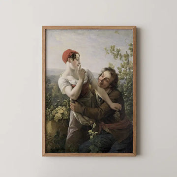 A romantic painting of a man and woman in a lush, green landscape, framed in wood, depicting a moment of intimacy and connection.