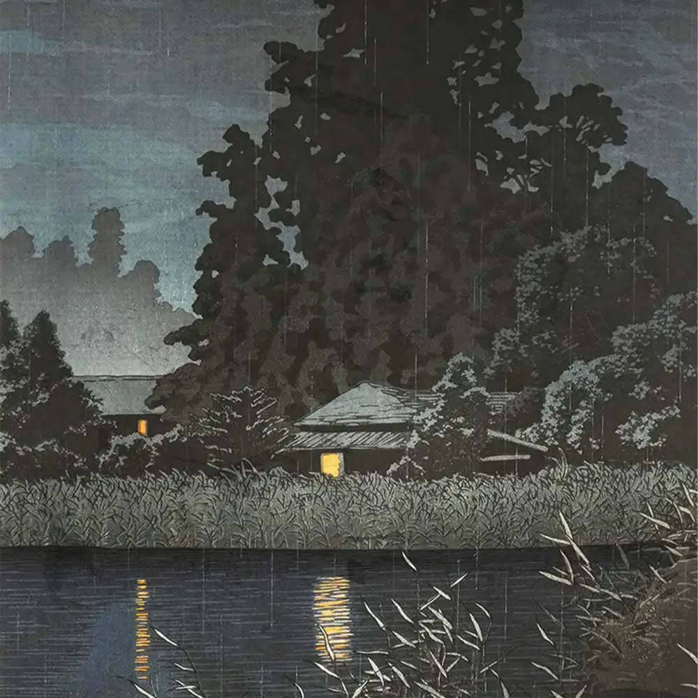 A serene landscape painting depicting a quiet night scene with two houses illuminated by warm light, surrounded by dark trees and reflected in a still pond.