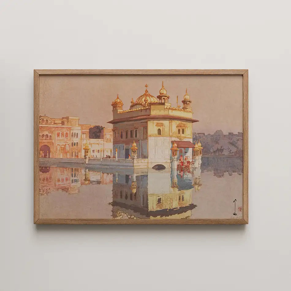 Painting of the Golden Temple reflecting in water, framed in natural wood.