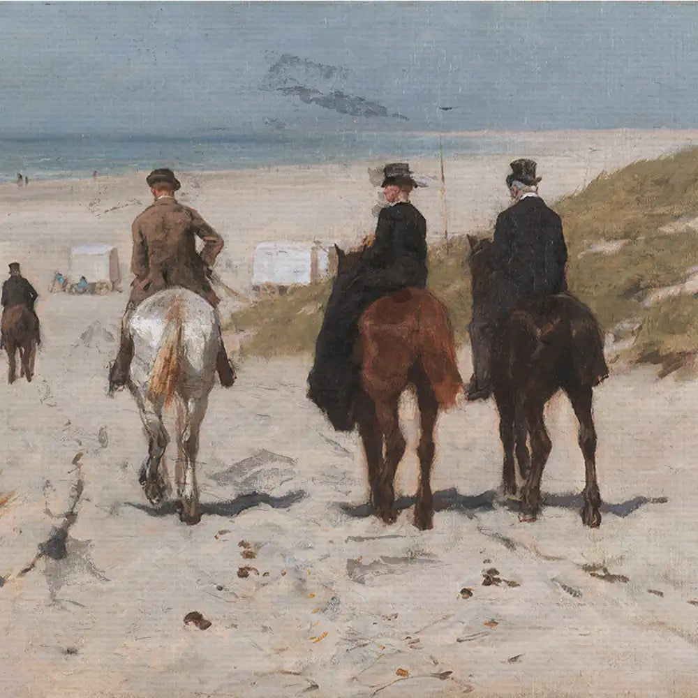 Painting of three people on horseback riding along a sandy beach, with a calm sea in the background and beach tents visible in the distance.