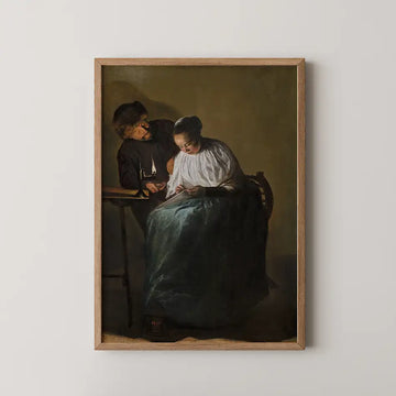 A framed painting of a man and woman sharing a moment of reading, with warm lighting highlighting their expressions.