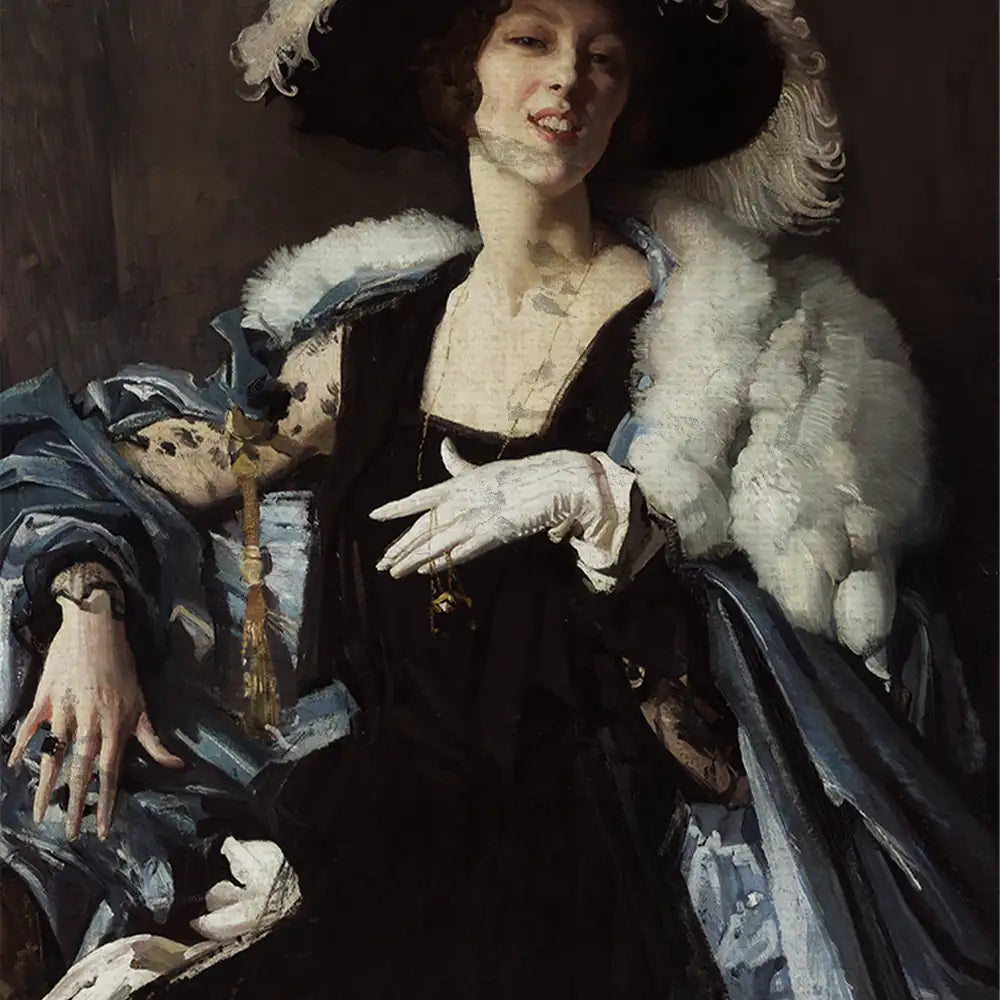 Portrait of a woman elegantly dressed in black and blue with a feathered hat and white gloves, seated with a confident expression.