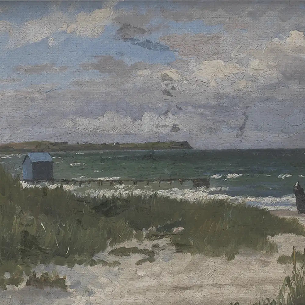 Seascape painting featuring a blue beach hut, sandy shore, and turbulent waves under a cloudy sky.