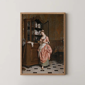 Framed painting of a woman in a pink dress, standing near a wooden cabinet filled with dishes, in a vintage home interior setting.