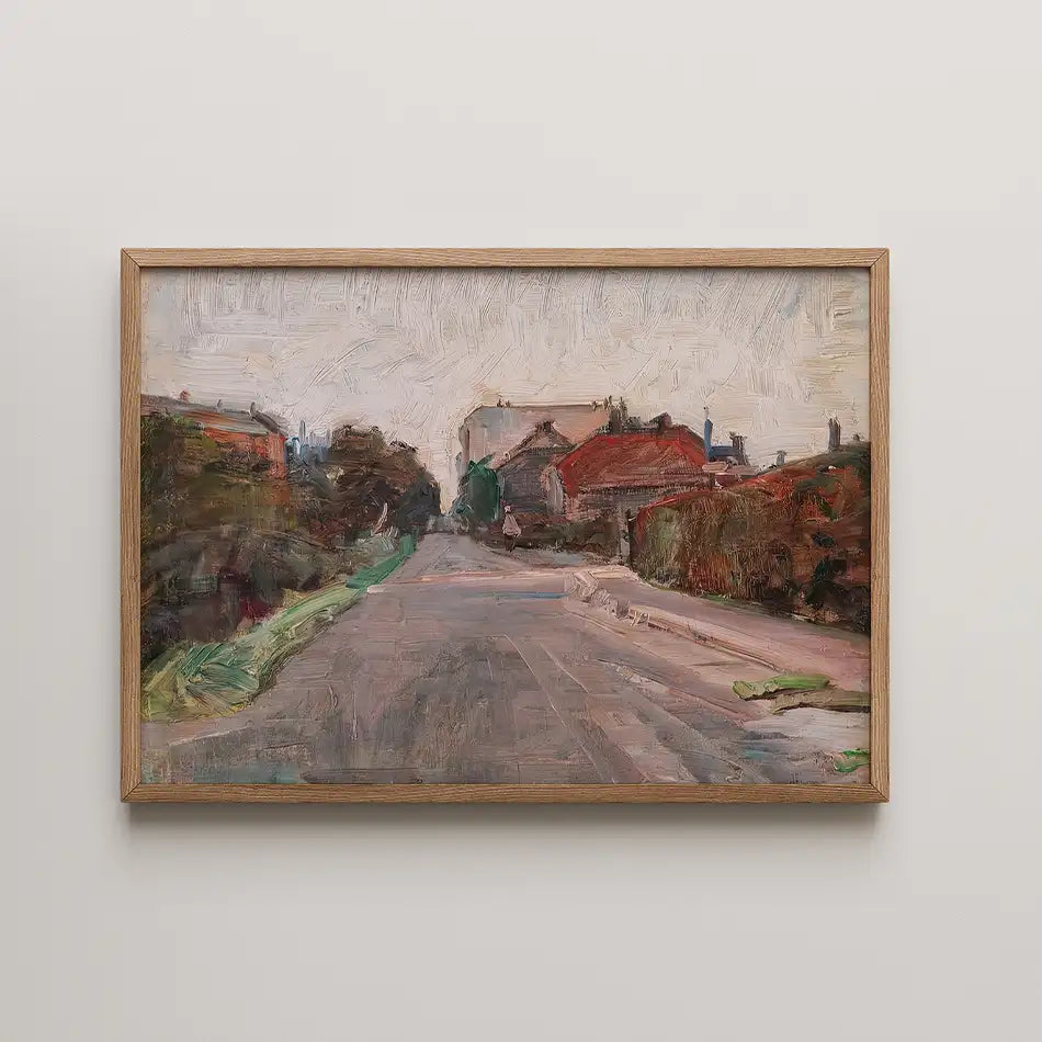 Painting of a quiet street lined with trees and houses, featuring an impressionistic style and a wooden frame.