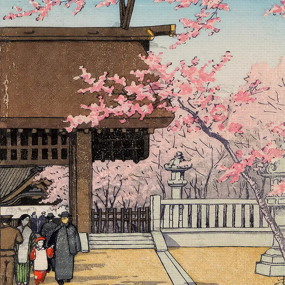 Japanese temple scene with cherry blossoms, featuring people walking beneath pink flowers and traditional architecture.
