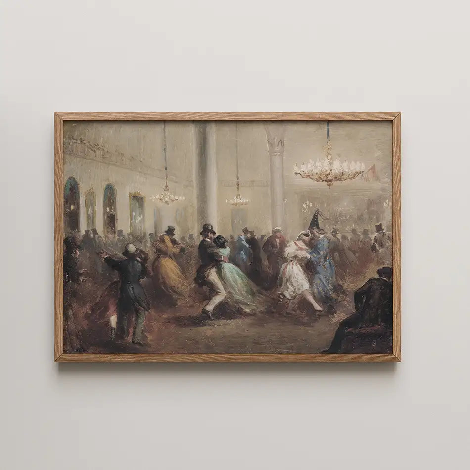 Painting of a lively ballroom scene with elegantly dressed couples dancing under chandeliers, framed in natural wood.