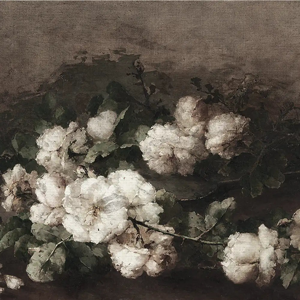 A textured painting of white flowers with green leaves on a muted background.