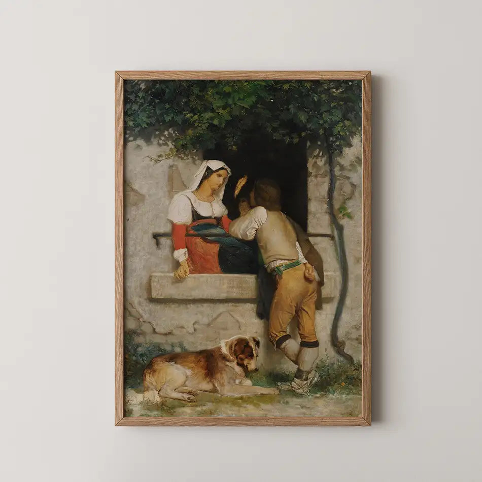 Framed painting of a woman in traditional attire sitting on a stone ledge, engaging with a man, with a dog lying at their feet, set against a textured wall draped in greenery.