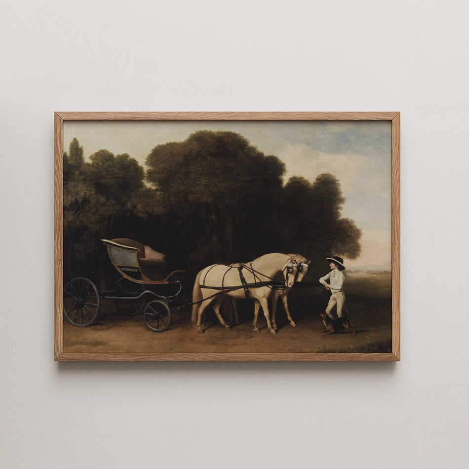 Painting of a man guiding two horses harnessed to a carriage in a landscape setting.