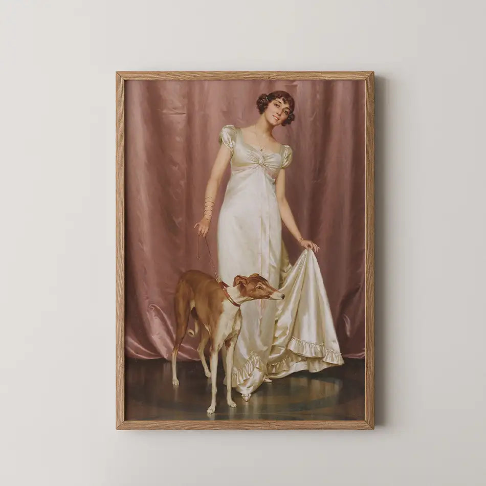 A vintage-style painting of a woman in a flowing white gown holding a dog on a leash, set against a soft pink backdrop.