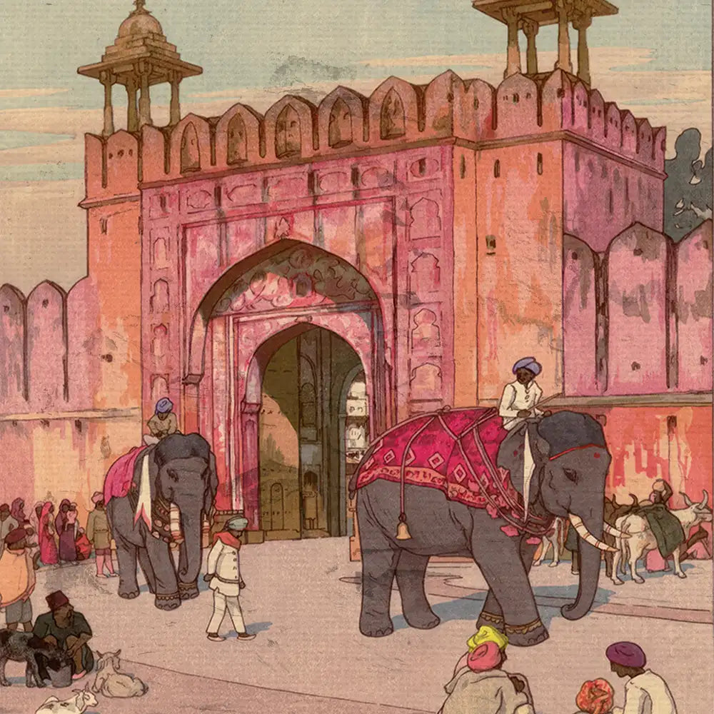 Illustration of elephants adorned with decorative cloths walking in front of a historical pink fortress, with people and animals gathered in a bustling marketplace.