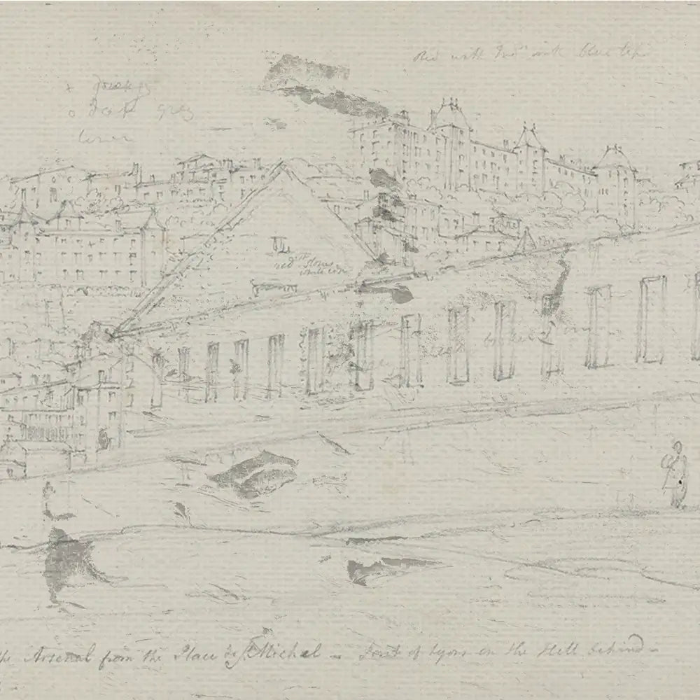 Sketch of a coastal scene depicting buildings and a shore, with handwritten notes at the bottom.