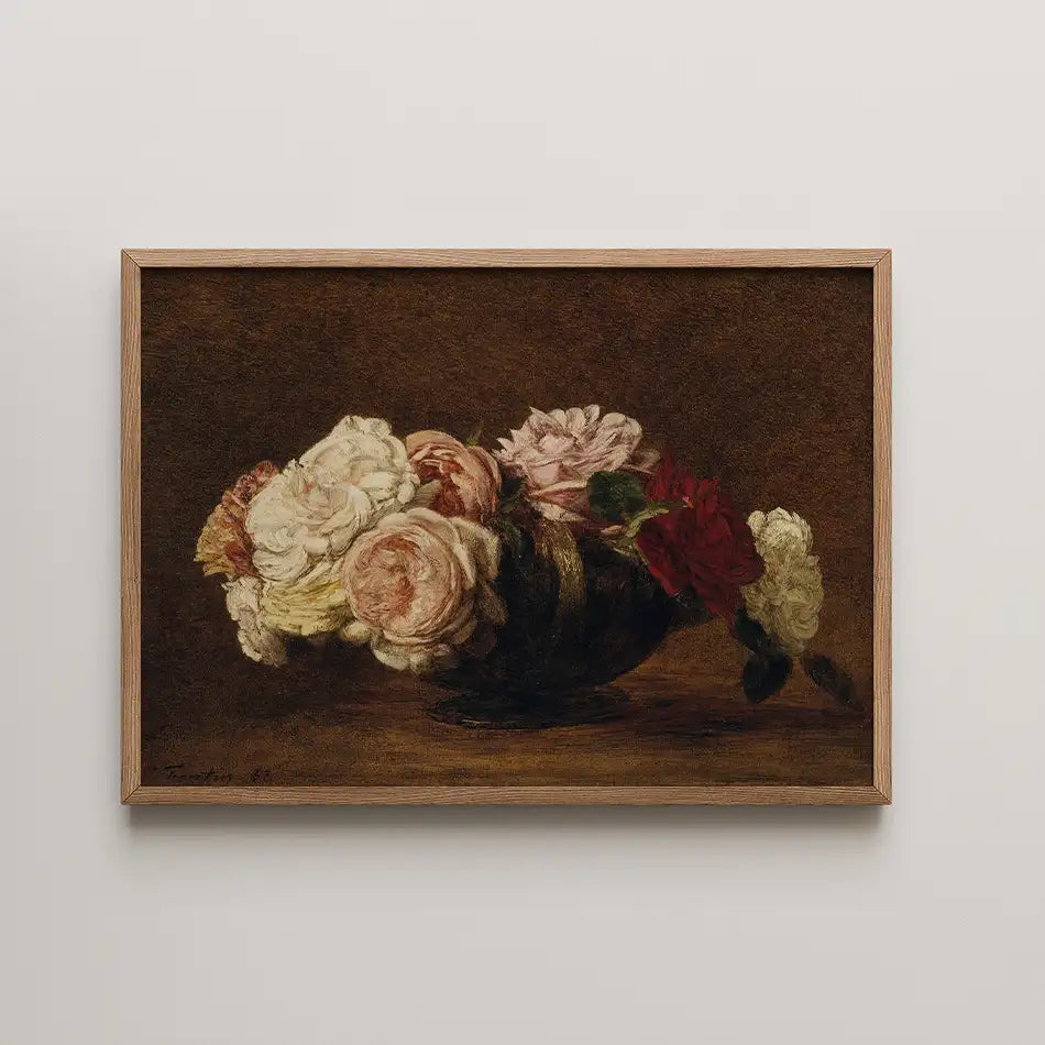 Floral painting featuring a variety of roses in a dark bowl with a wooden frame.