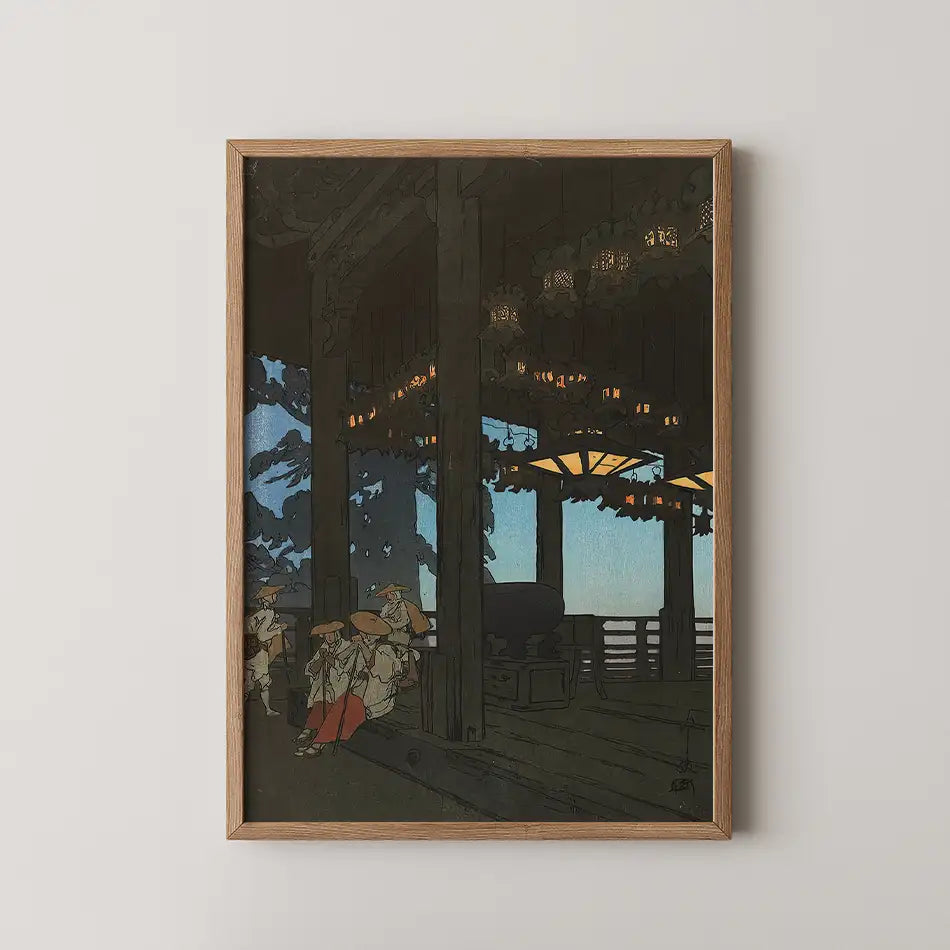Framed painting of figures in traditional clothing in a dimly lit wooden setting with lanterns and blue skies in the background.