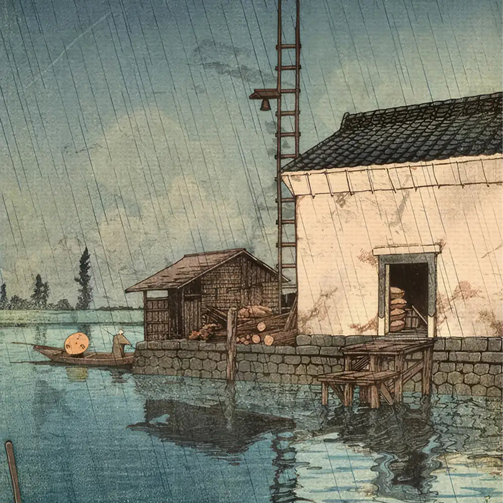 A serene landscape painting depicting a wooden house and a small shed beside a calm body of water, with a figure in a boat, under a gentle rain shower and a cloudy sky.