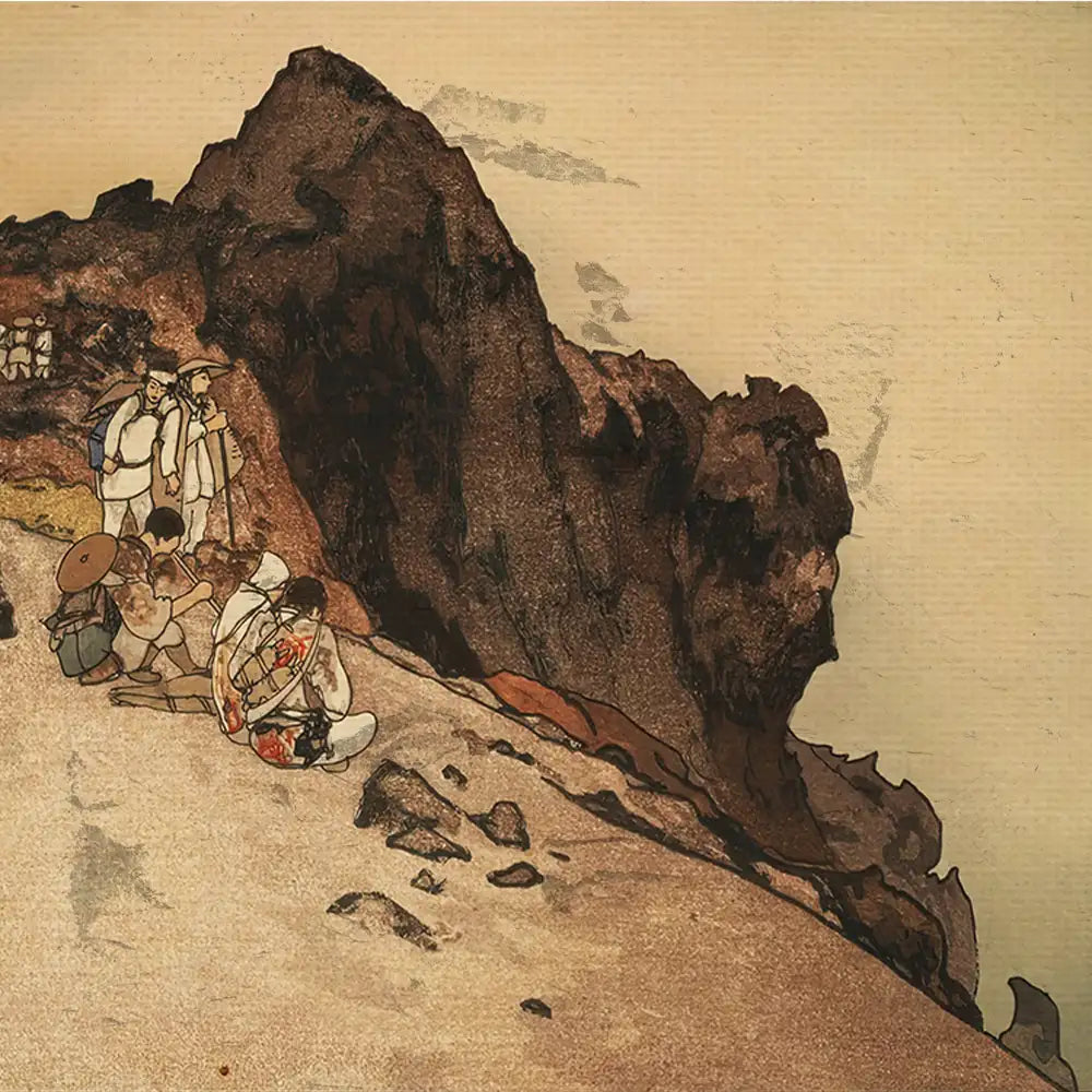 Artwork depicting a group of figures on a rocky slope, with a mountainous backdrop, rendered in earthy tones and a textured style.