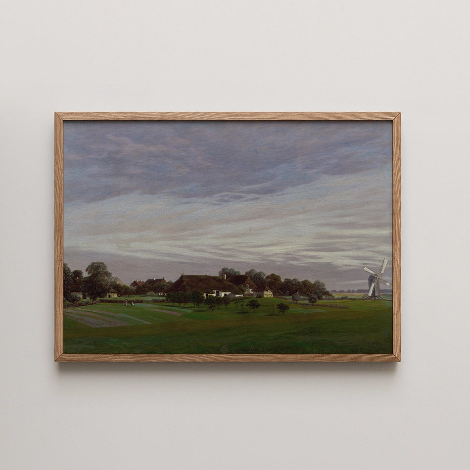 Landscape painting featuring a serene countryside view with a windmill, trees, and a rustic building framed in light wood.