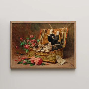 Painting of playful kittens in a wicker basket surrounded by pink flowers.
