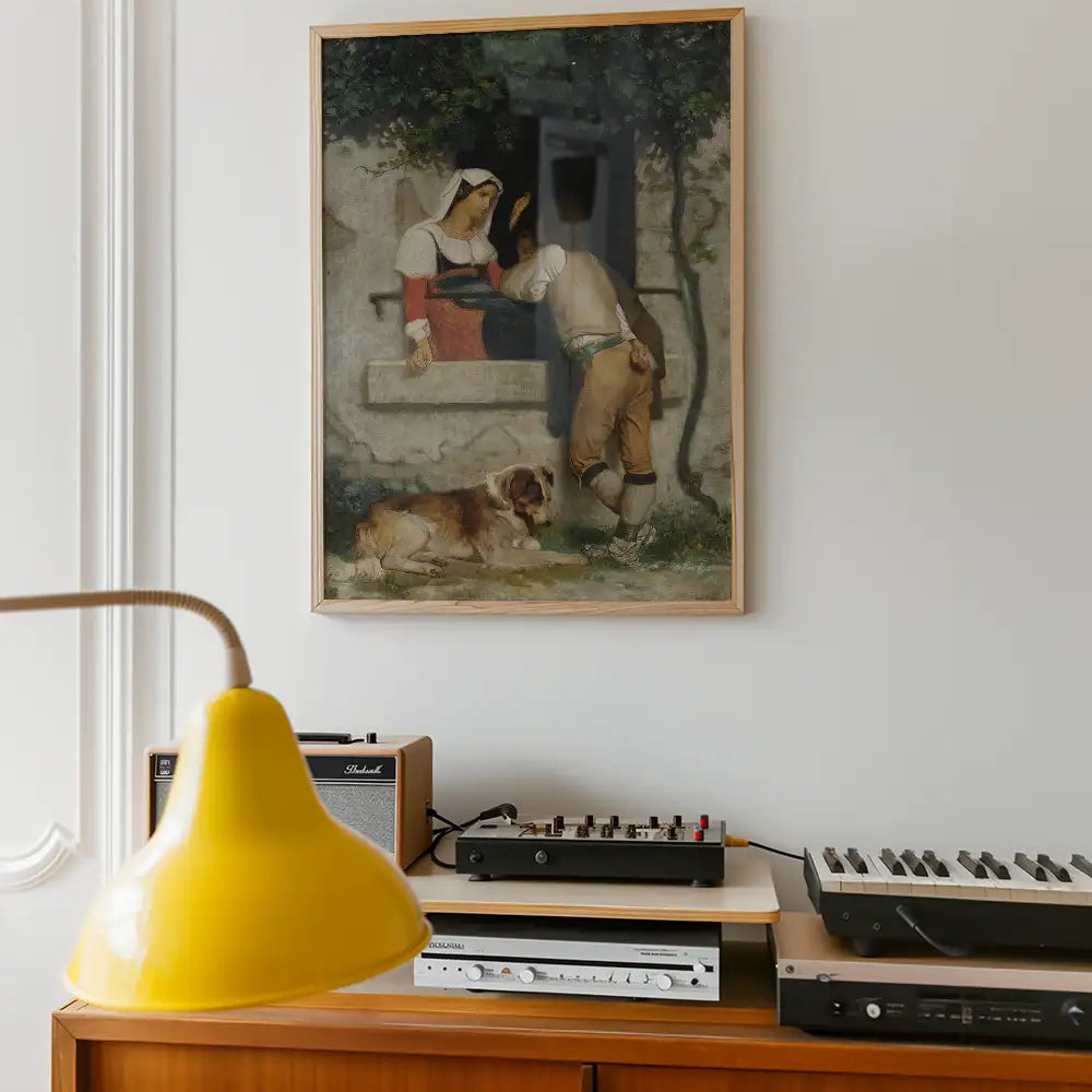 Painting of a woman and a man in historical attire, displayed in a wooden frame on a white wall, with a dog lying on the ground and a yellow lamp in the foreground.