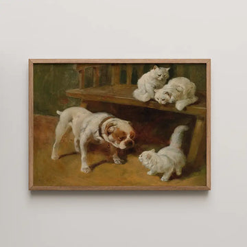 Painting of a playful dog interacting with three white kittens on a wooden bench, framed in wood.