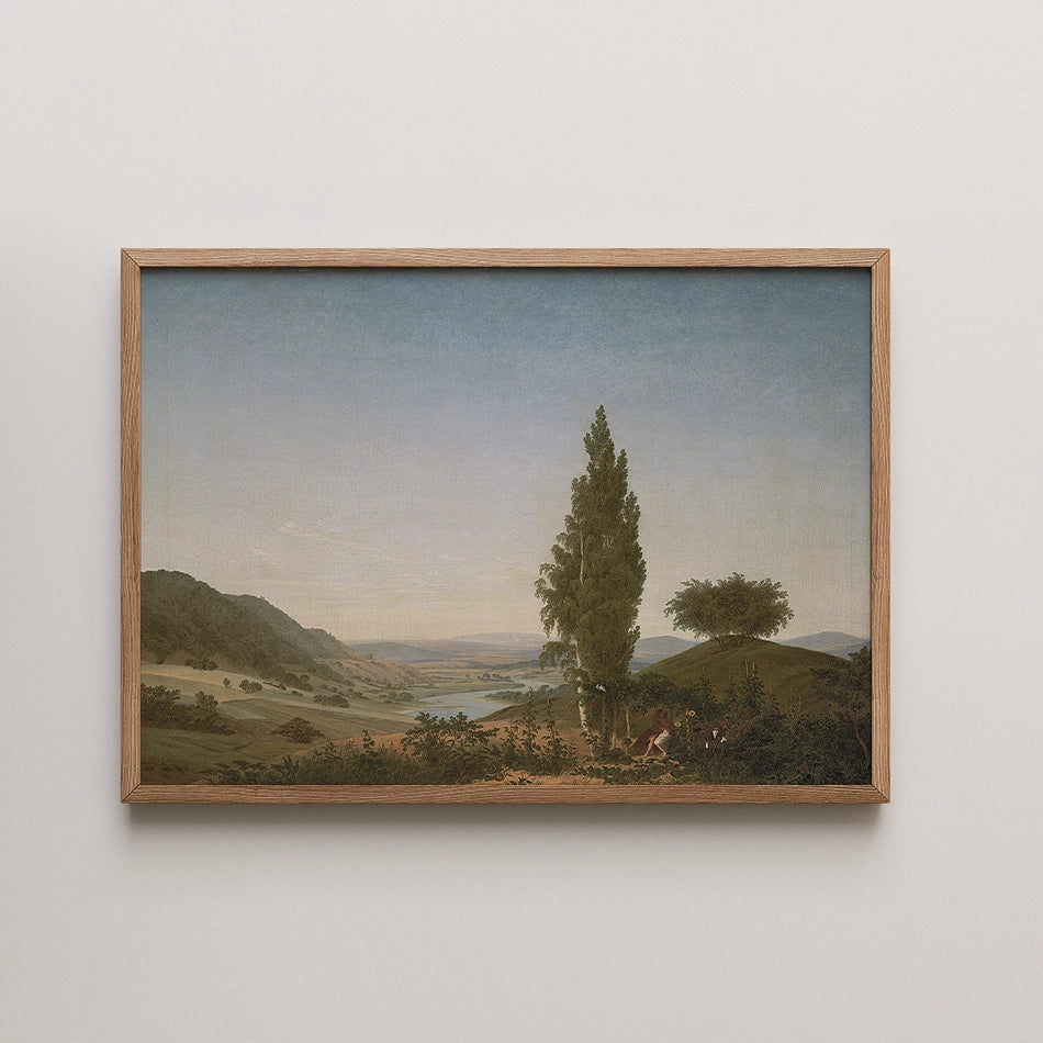 Landscape painting featuring hills, a river, and trees in a wooden frame.