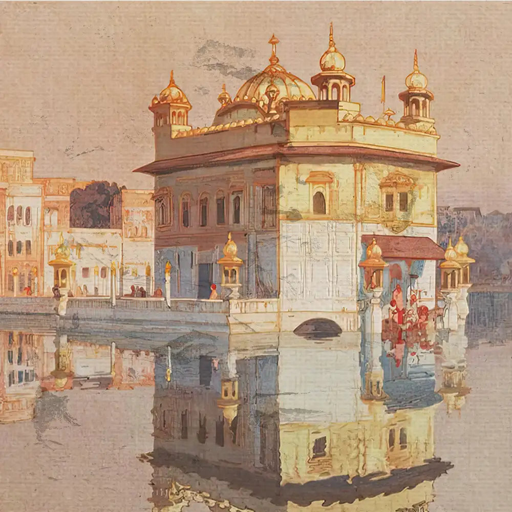 Illustration of a beautiful architectural landmark with golden domes, reflecting in calm water, surrounded by people and buildings in a serene setting.