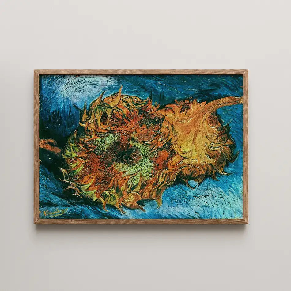 Painting of sunflowers in vibrant colors, framed in wood.