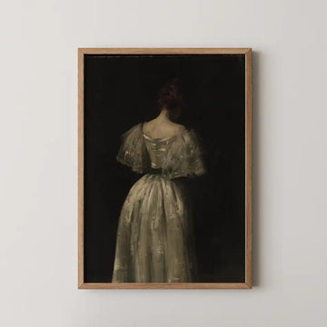 Painting of a woman in a flowing white dress, viewed from behind, framed in a wooden border against a dark background.
