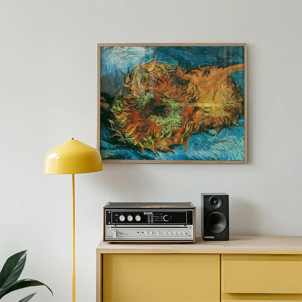 Painting of sunflowers in a framed artwork above a retro speaker and yellow lamp in a modern living space.