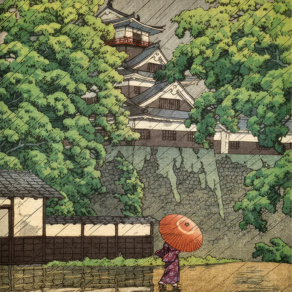 Japanese landscape painting featuring a woman in a purple kimono holding a red umbrella, walking past a traditional house and a castle, surrounded by lush green trees and rain.