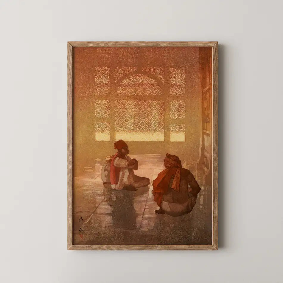 Framed painting depicting two individuals seated on a tile floor, illuminated by warm light filtering through an ornate window.