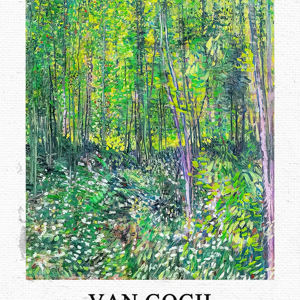 Vibrant green forest painting by Vincent van Gogh capturing the lushness of nature with intricate brushwork.